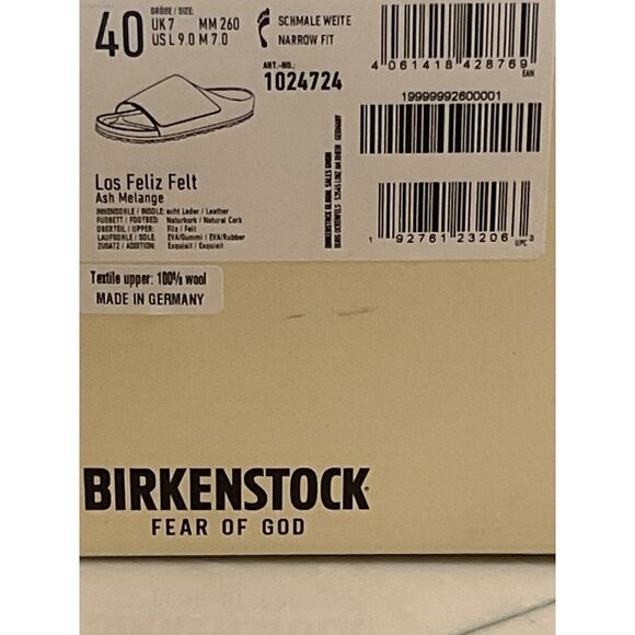 Fear of God x Birkenstock The Los Feliz Felt in Ash Melange 40 W 9 M 7 with Box - Picture 10 of 13